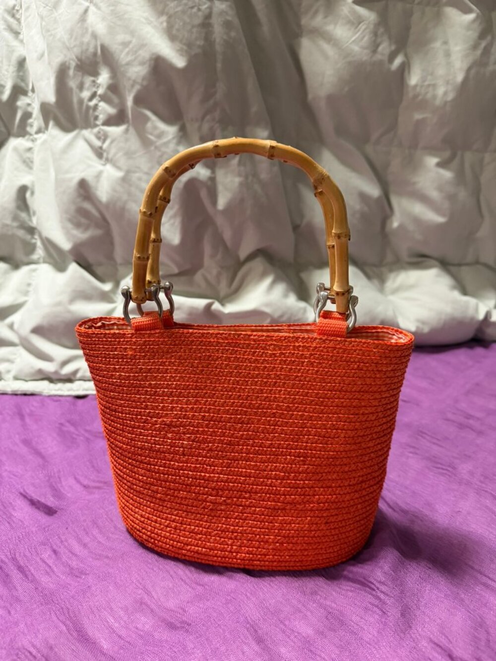 Woven Straw Bag With Bamboo Handles